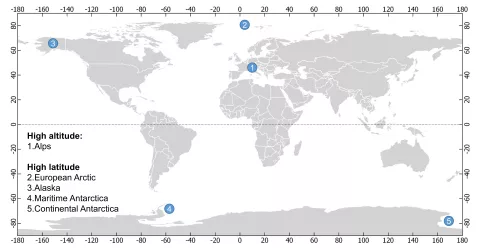Localizzazione, attraverso pallini azzurri, delle macro aree geografiche di studio del CCRC