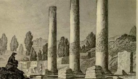 Image of an ancient illustration of a landscape with some columns in the foreground