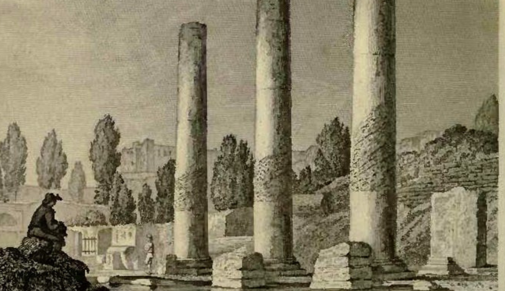 Image of an ancient illustration of a landscape with some columns in the foreground