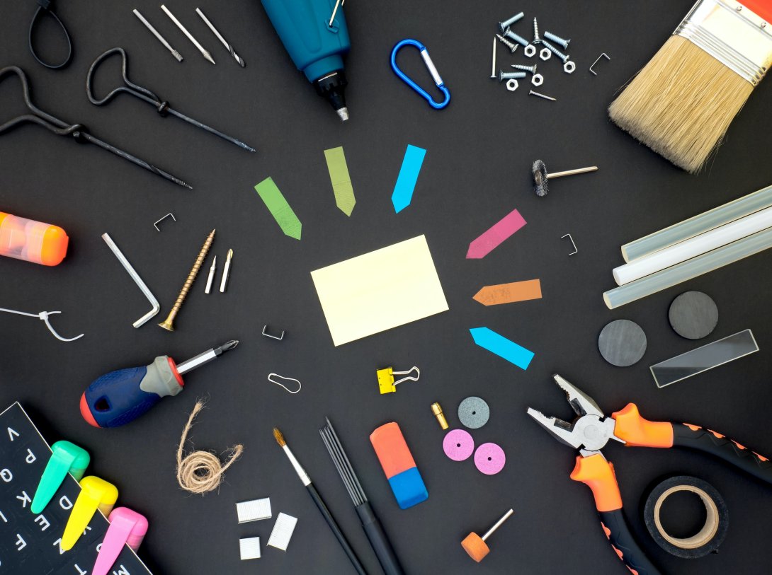 Cover photo, work tools, and stationery items