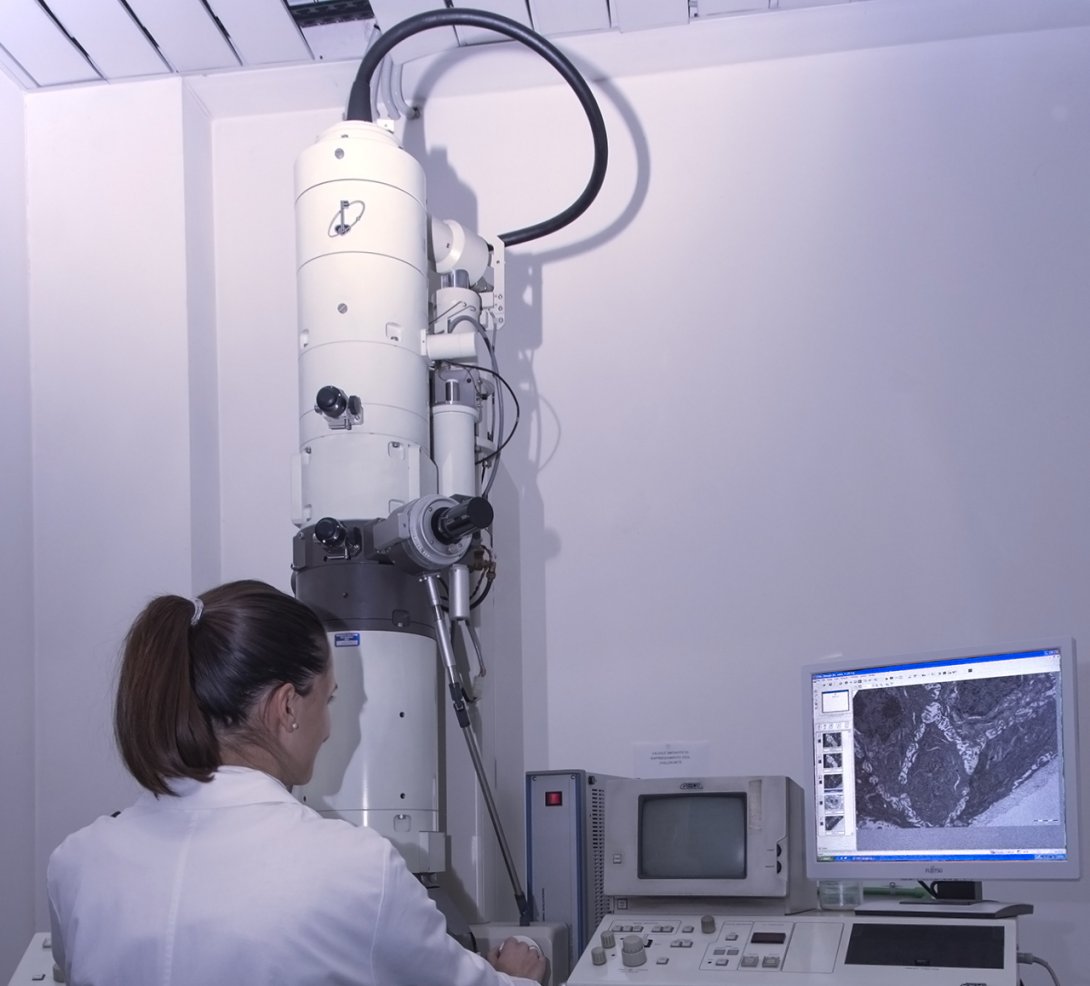 A scientist working at a microscope