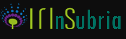 IrInSubria logo - A dandelion icon in shades of purple and green, with the word IrInSubria in green on a black background
