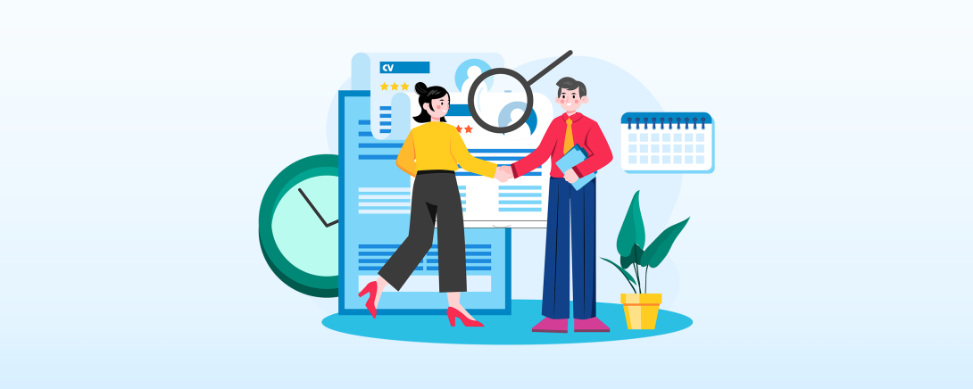 Graphics with two people, a clock, a calender