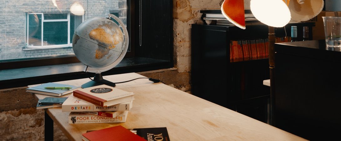 A world map on a desk